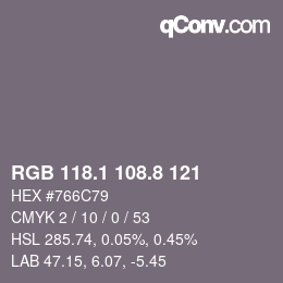 Color code: RGB 118.1 108.8 121 | qconv.com