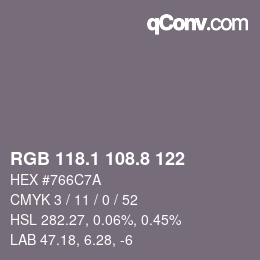 Color code: RGB 118.1 108.8 122 | qconv.com