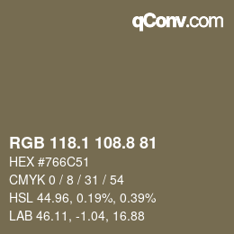 Color code: RGB 118.1 108.8 81 | qconv.com