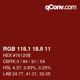 カラーコード: RGB 118.1 18.8 11 | qconv.com