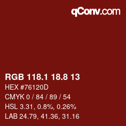 カラーコード: RGB 118.1 18.8 13 | qconv.com