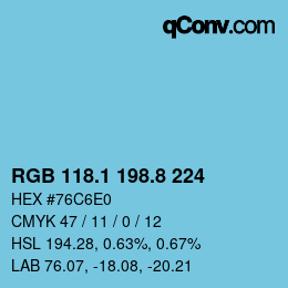 カラーコード: RGB 118.1 198.8 224 | qconv.com