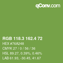 カラーコード: RGB 118.3 162.4 72 | qconv.com