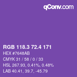 カラーコード: RGB 118.3 72.4 171 | qconv.com