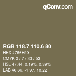 カラーコード: RGB 118.7 110.6 80 | qconv.com