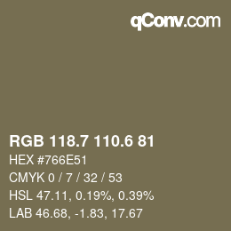 カラーコード: RGB 118.7 110.6 81 | qconv.com
