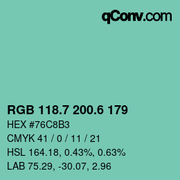 カラーコード: RGB 118.7 200.6 179 | qconv.com