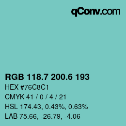 カラーコード: RGB 118.7 200.6 193 | qconv.com