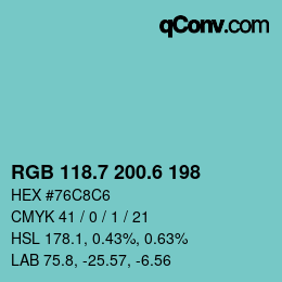 カラーコード: RGB 118.7 200.6 198 | qconv.com