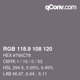 Color code: RGB 118.9 108 120 | qconv.com