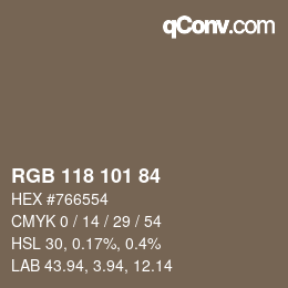 Color code: RGB 118 101 84 | qconv.com