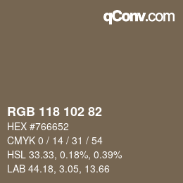 Color code: RGB 118 102 82 | qconv.com