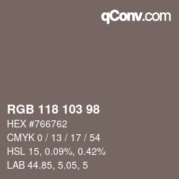 Color code: RGB 118 103 98 | qconv.com