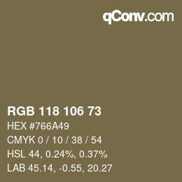 Color code: RGB 118 106 73 | qconv.com
