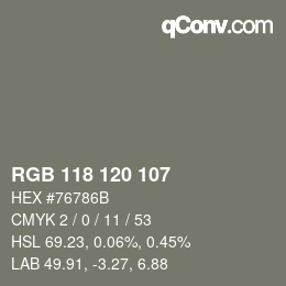 Color code: RGB 118 120 107 | qconv.com