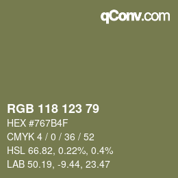 Color code: RGB 118 123 79 | qconv.com