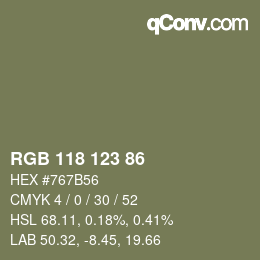 Color code: RGB 118 123 86 | qconv.com