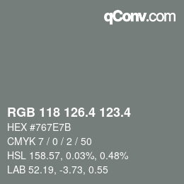 カラーコード: RGB 118 126.4 123.4 | qconv.com