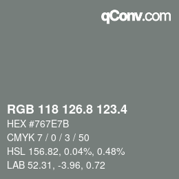 カラーコード: RGB 118 126.8 123.4 | qconv.com