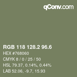 カラーコード: RGB 118 128.2 96.6 | qconv.com