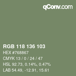 Color code: RGB 118 136 103 | qconv.com