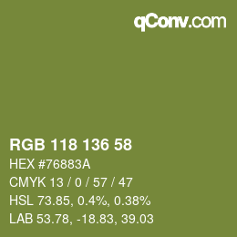 Color code: RGB 118 136 58 | qconv.com