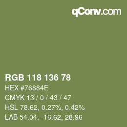 Color code: RGB 118 136 78 | qconv.com