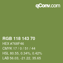 Color code: RGB 118 143 70 | qconv.com