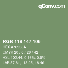 Color code: RGB 118 147 106 | qconv.com