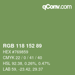 Color code: RGB 118 152 89 | qconv.com