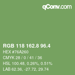 カラーコード: RGB 118 162.8 96.4 | qconv.com