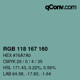 Color code: RGB 118 167 160 | qconv.com