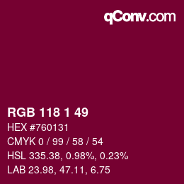 カラーコード: RGB 118 1 49 | qconv.com