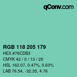 Color code: RGB 118 205 179 | qconv.com