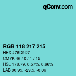 カラーコード: RGB 118 217 215 | qconv.com