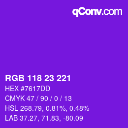 Color code: RGB 118 23 221 | qconv.com