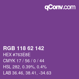 Color code: RGB 118 62 142 | qconv.com