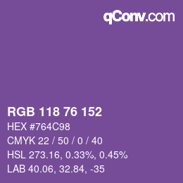 Color code: RGB 118 76 152 | qconv.com