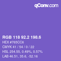 カラーコード: RGB 118 92.2 198.6 | qconv.com
