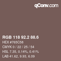 カラーコード: RGB 118 92.2 88.6 | qconv.com