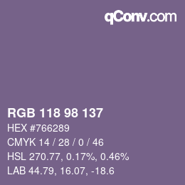 Color code: RGB 118 98 137 | qconv.com