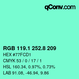 カラーコード: RGB 119.1 252.8 209 | qconv.com