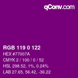 Farbcode: RGB 119 0 122 | qconv.com
