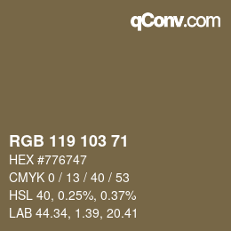 Color code: RGB 119 103 71 | qconv.com