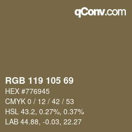 Color code: RGB 119 105 69 | qconv.com