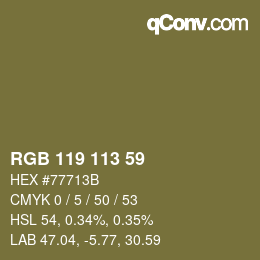 Color code: RGB 119 113 59 | qconv.com