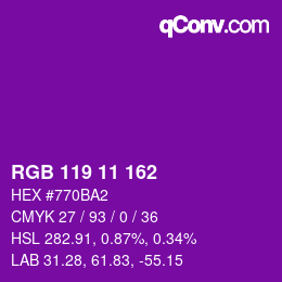 Color code: RGB 119 11 162 | qconv.com