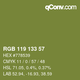 Color code: RGB 119 133 57 | qconv.com