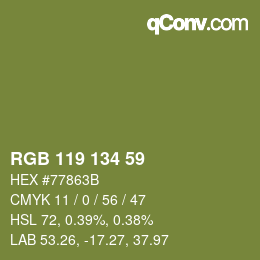 Color code: RGB 119 134 59 | qconv.com