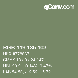 Color code: RGB 119 136 103 | qconv.com